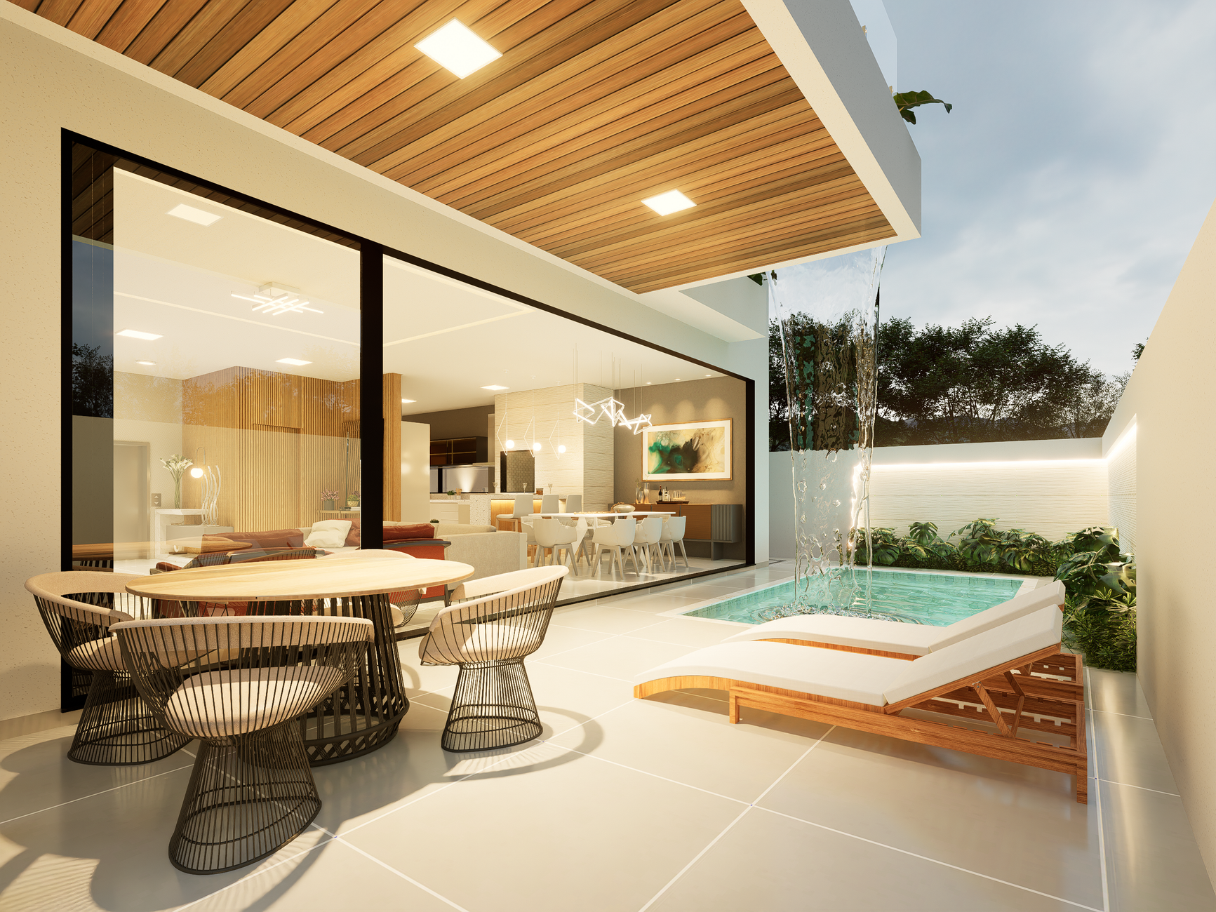 Elegante pátio brasileiro com mesas ao ar livre, piscina e arquitetura moderna.